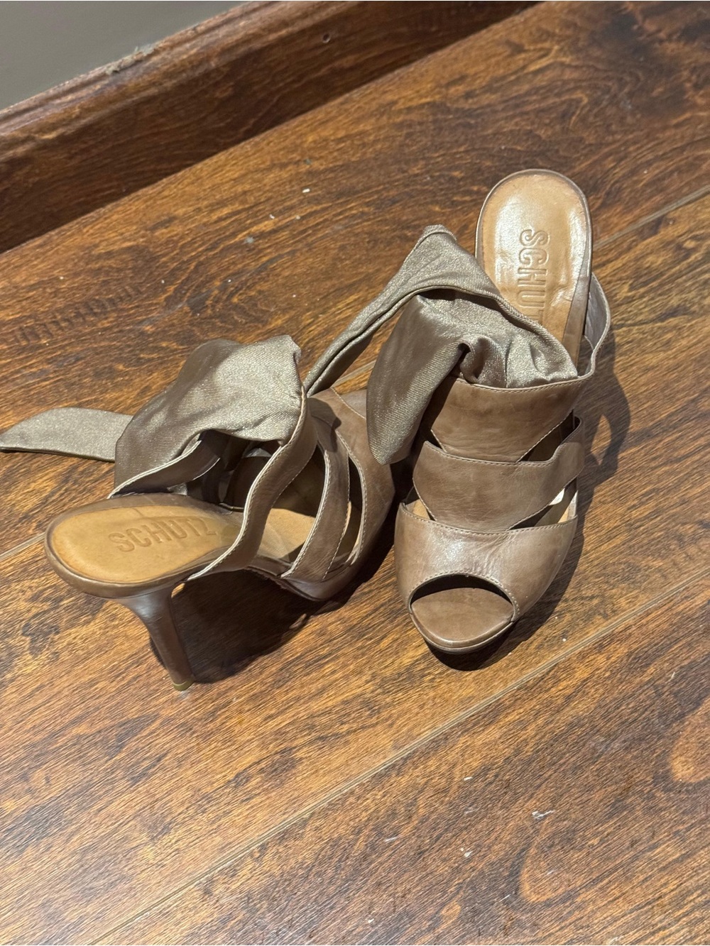 SCHUTZ Taupe Wrap-Strap Open-Toe Heels